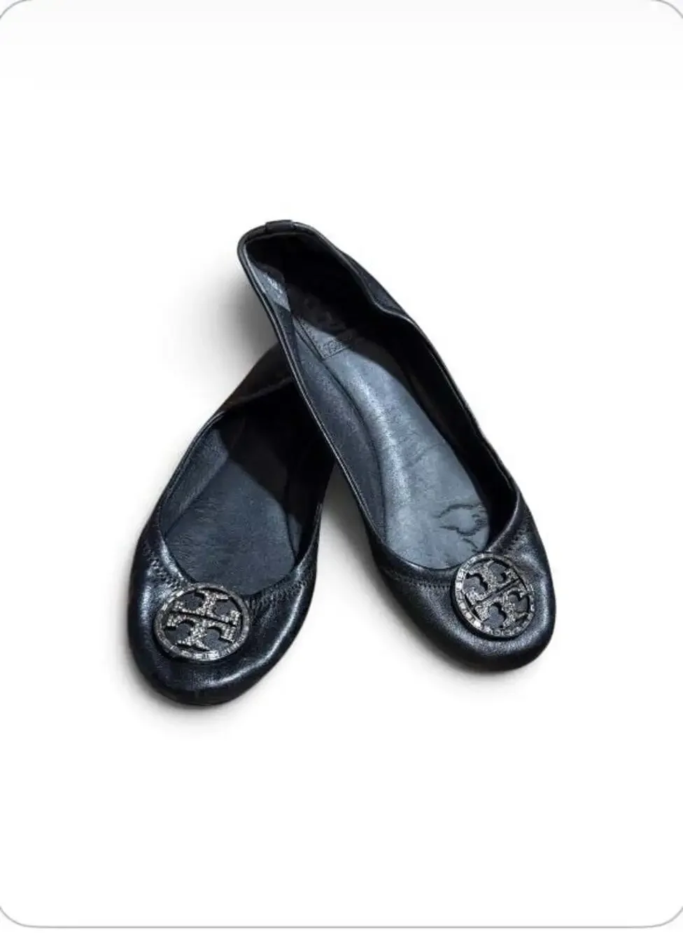 Tory Burch Black Leather Ballet Flats with Crystal Logo Medallion